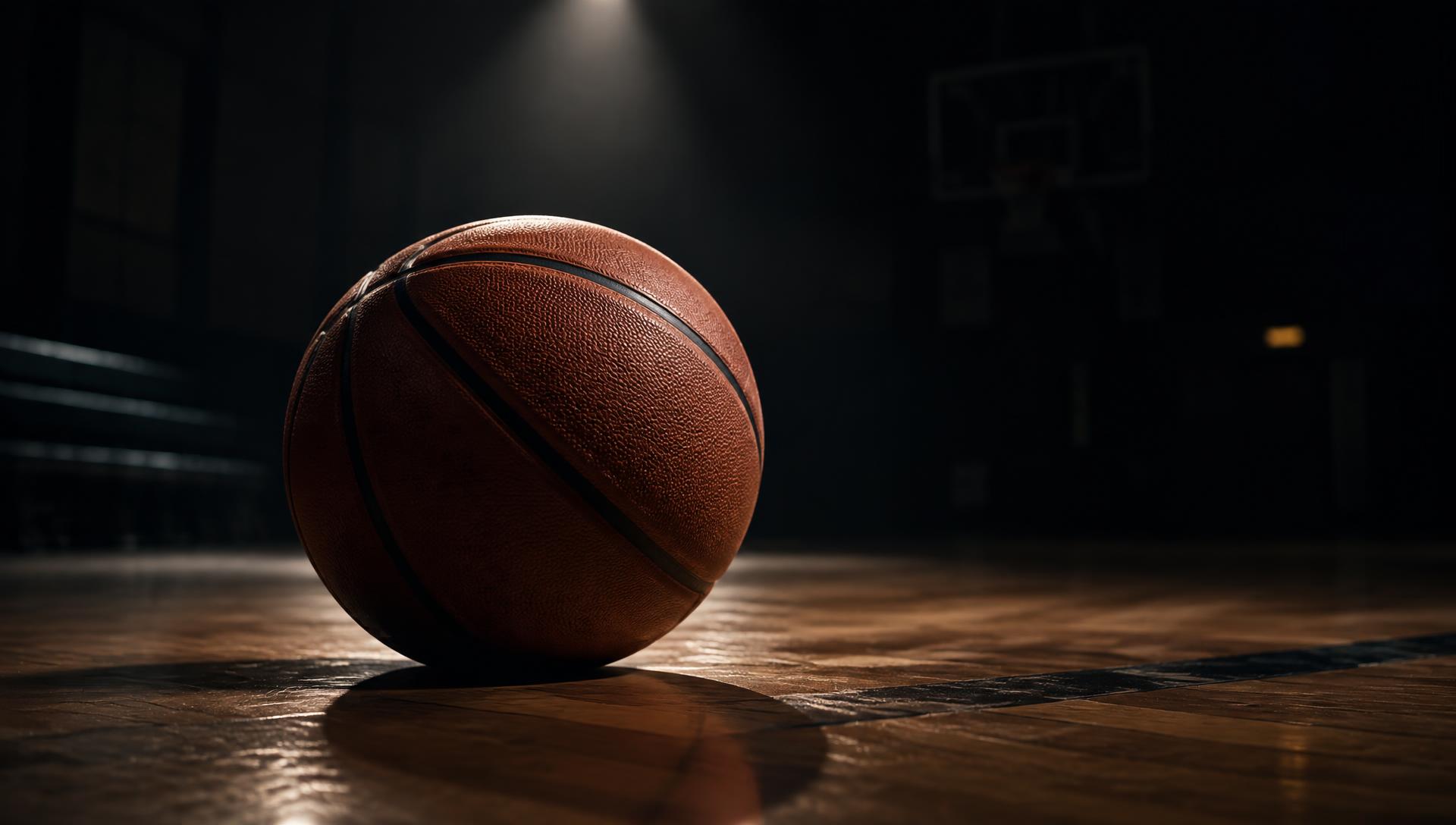 Generated illustrative close-up of a basketball on a dark court. Not a photo of a Rhino venue.