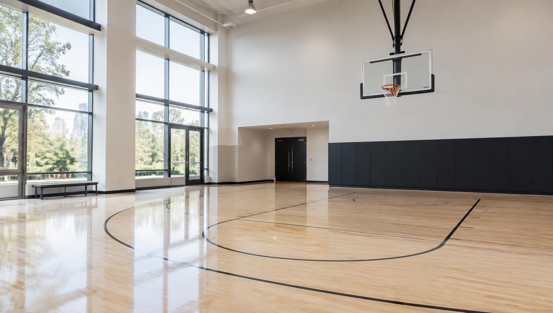 Generated illustrative scene of an empty indoor basketball court in warm light. Not a photo of a Rhino venue.